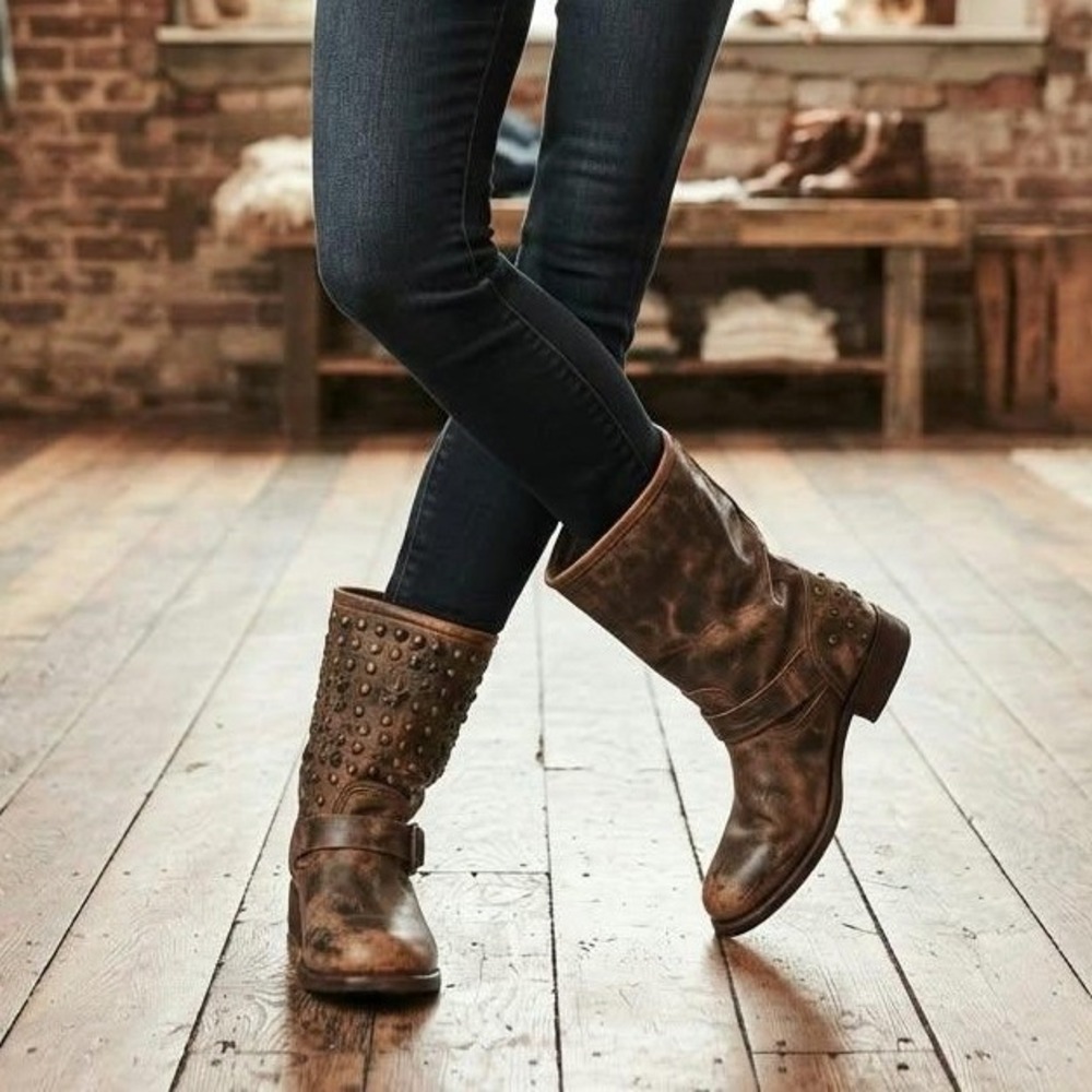 BED STU Cobbler Series Women's 11 Distressed Leather Studded Moto Boots Brown